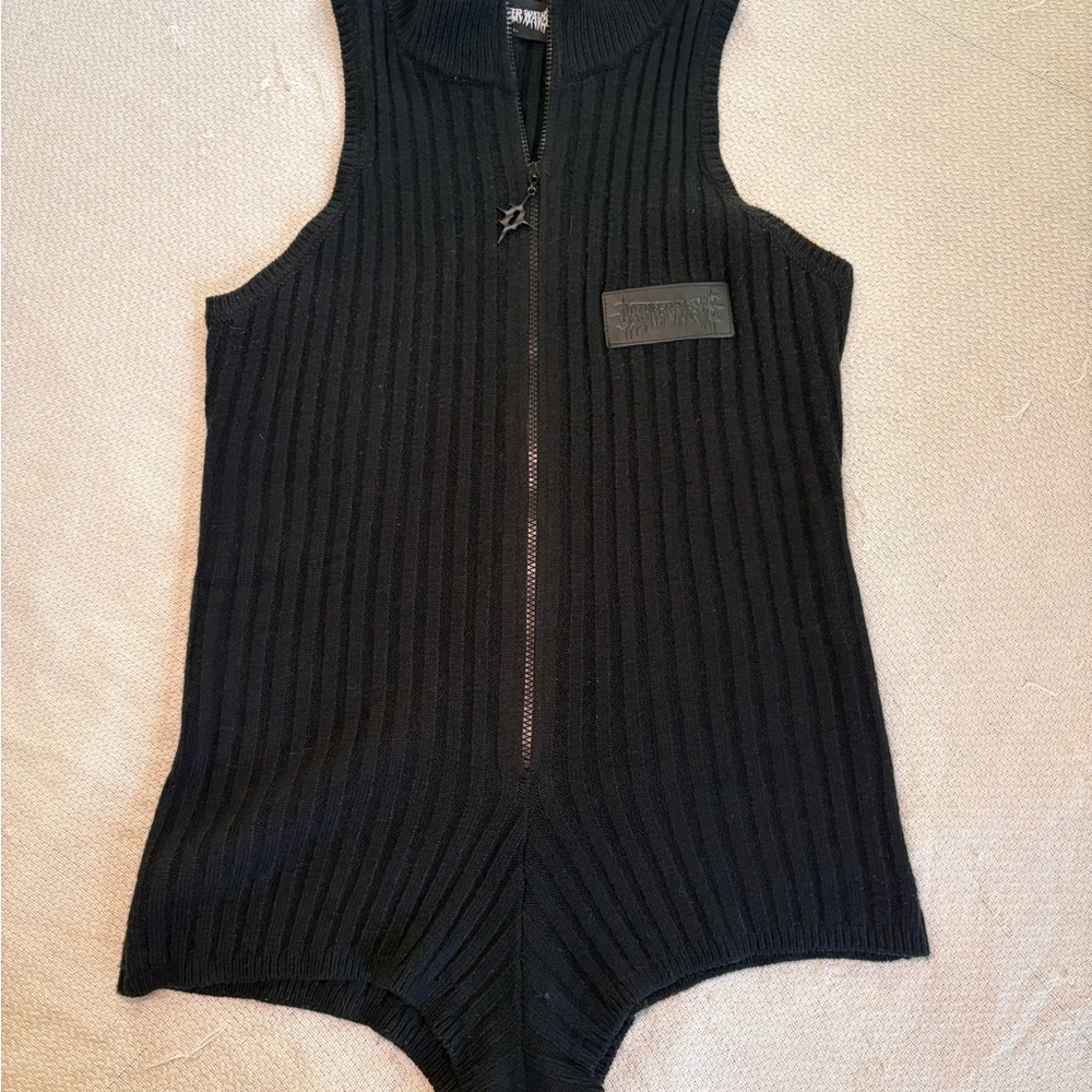 Black Ribbed Jumpsuit with High Neck and Zipper